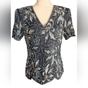 Papell Boutique Evening Vintage Silk Beaded Sequin Black Handmade Women's S